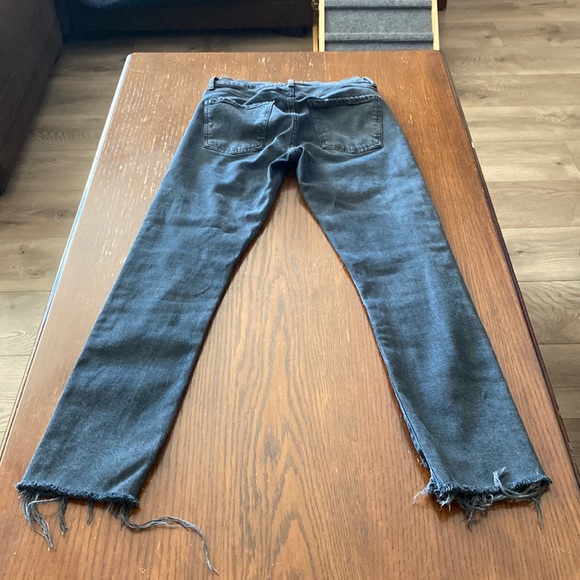 AGOLDE black distressed mid rise stretch straight leg jeans w/ raw cut out cuffs - Picture 9 of 16